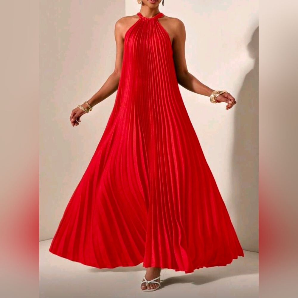New Glam Halter Tie Pleated Maxi Dress Red - Picture 8 of 10